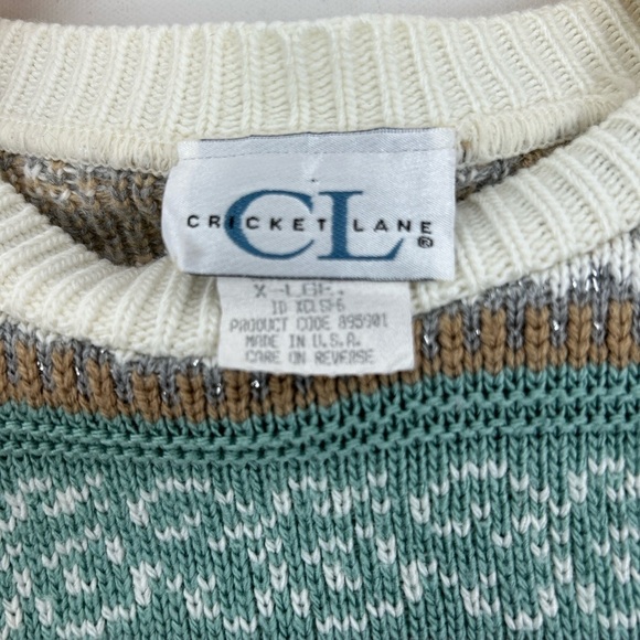 Vintage Fair Isle Pullover Sweater Beige Turquoise Womens Size L XL 80s 90s USA - Picture 4 of 8